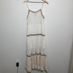 Me 2 Magic Women Cottagecore Dress XL White Cotton Eyelet Tiered Tassel Boho